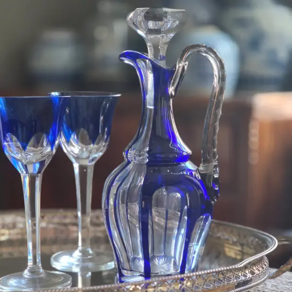 Cobalt Blue finely Cut Crystal glass Decanter with Handle