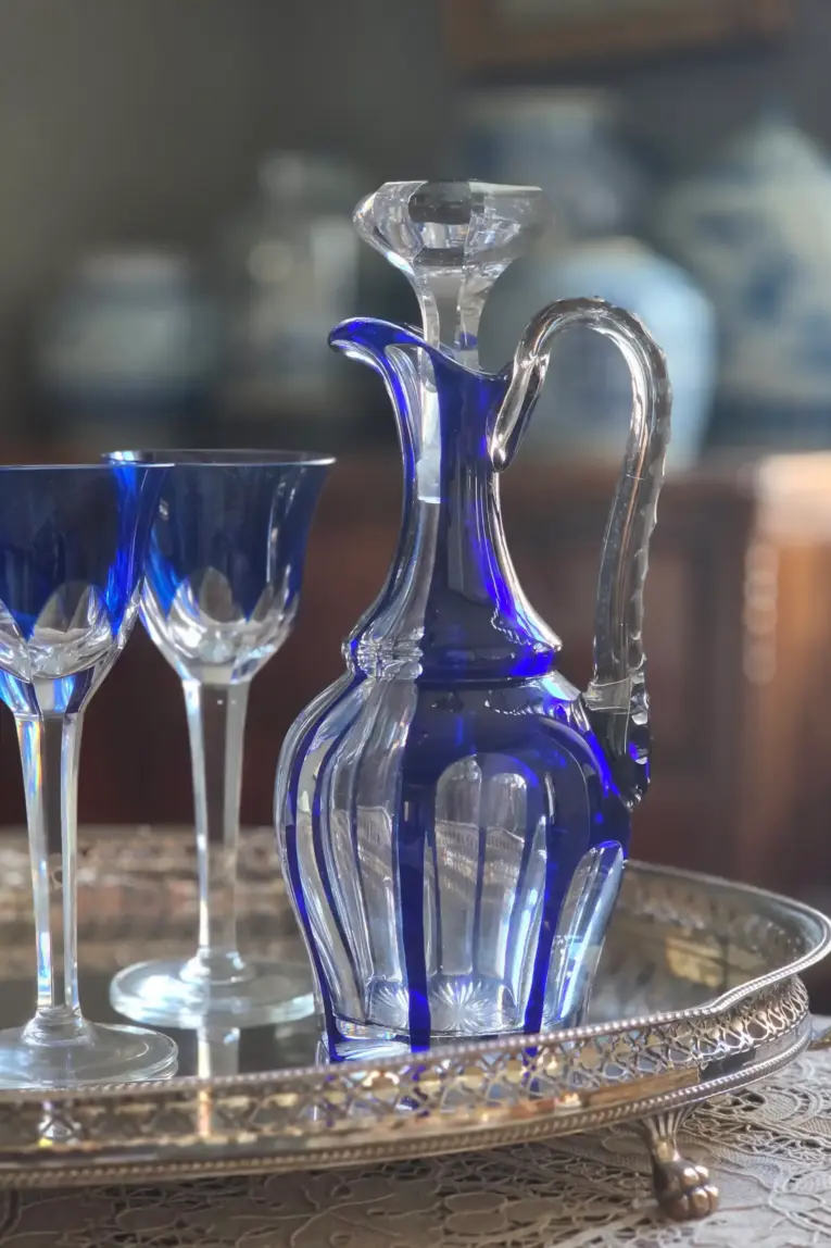 Cobalt Blue finely Cut Crystal glass Decanter with Handle